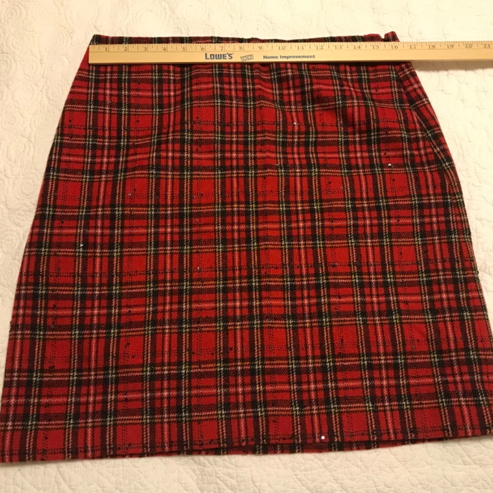 Talbots red & black plaid wool blend fully lined midi skirt with sequins (10) - Picture 4 of 12